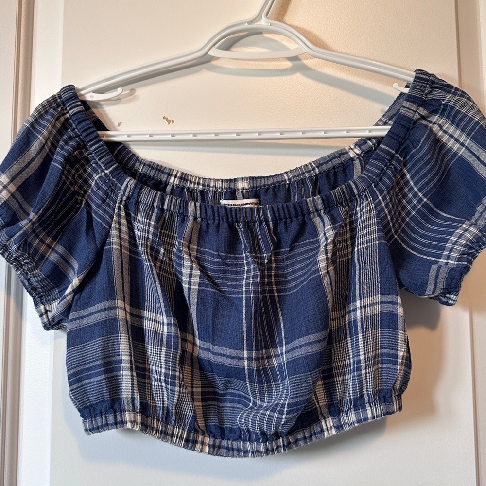 🔥 3/$20 American Eagle blue plaid crop top - puff sleeve - XS